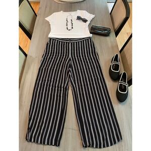 LOFT Womens Large Black White Striped Wide Leg Pants Elastic Waist Work Trousers